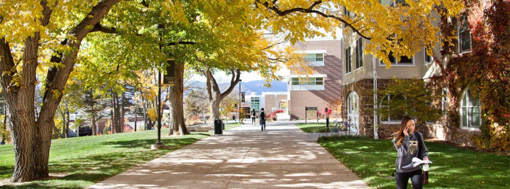 Main Hall front sidewalk in Fall